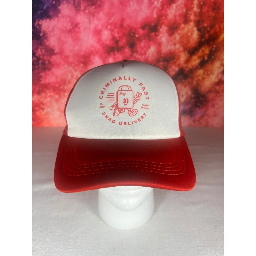 Snag Delivery Criminally Fast Red White Trucker Hat Snapback Mesh Cap Est 2021